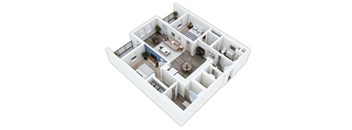 A 3D floor plan of a house with multiple rooms and furniture.